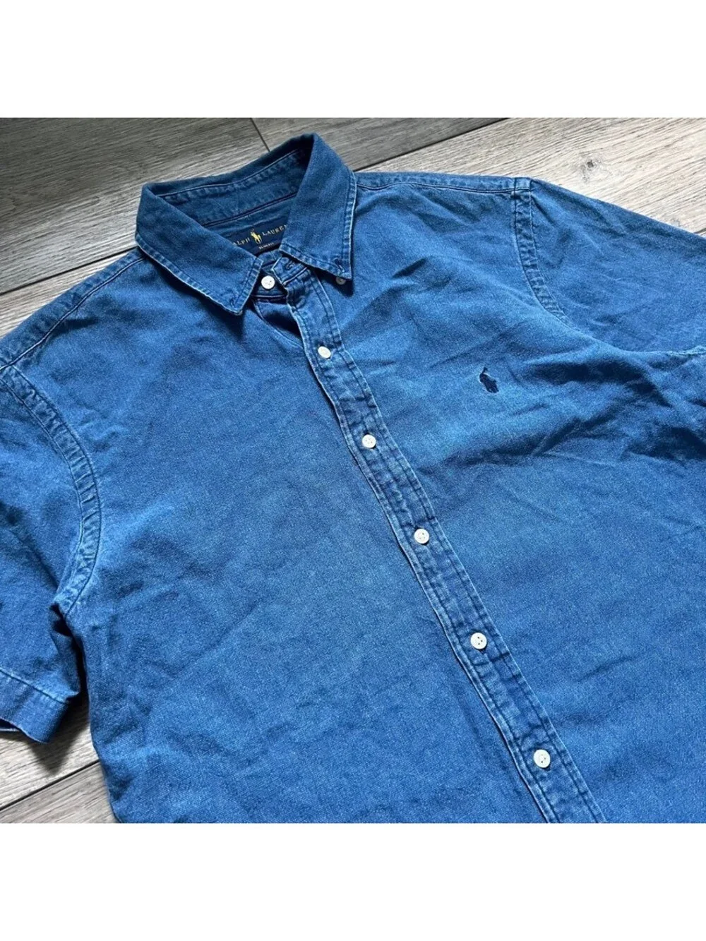 Polo Ralph Lauren Men's L Slim Fit Button Down Short Sleeve Cotton Shirt Blue